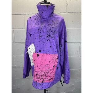 Vtg 90s Purple Spray Paint Splatter Windbreaker Jacket Color Block Geometric Lg